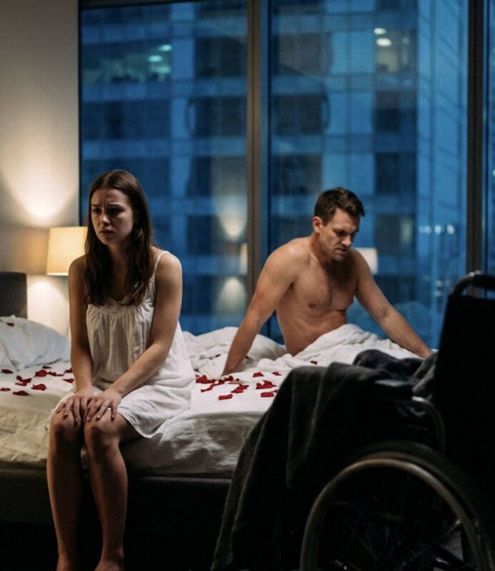 In der Nacht unserer Hochzeit trug ich meinen behinderten Ehemann ins Bett — dann stürzten wir … und ich entdeckte eine Wahrheit, die mich erstarren ließ.