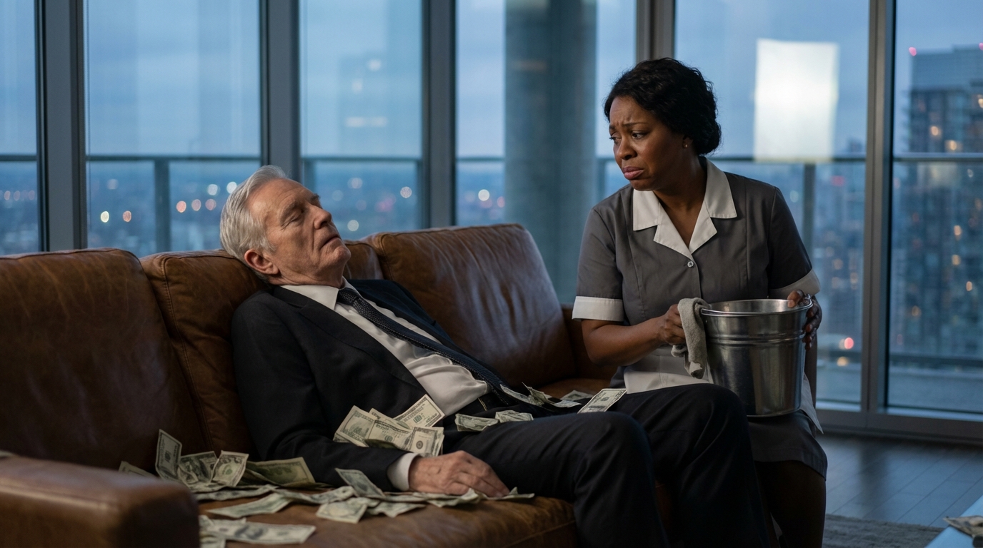 Ein wohlhabender CEO gab vor, auf einem Haufen Bargeld einzuschlafen, um sein armes schwarzes Dienstmädchen zu testen — und dann war er fassungslos über das, was sie als nächstes tat…