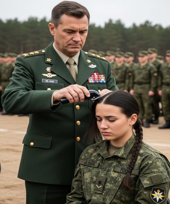 Hier ist die genaue deutsche Übersetzung: **Ein General befahl, einer Soldatin die Haare zu schneiden, weil es „Respektlosigkeit“ sei — doch dann entdeckte er ein verborgenes Abzeichen und begriff, dass er eine Legende beschämt hatte**