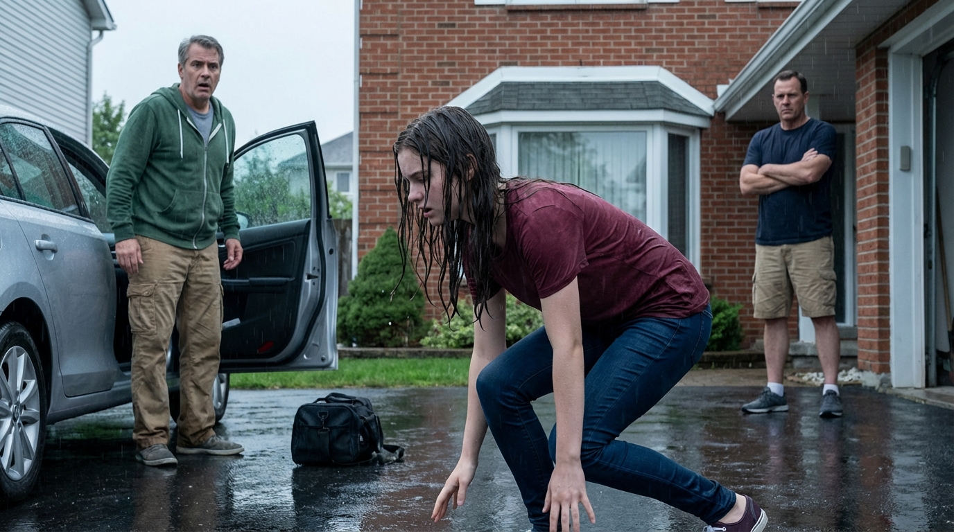 Ich fand meine Tochter im Regen auf den Knien, während ihr Mann es «Korrektur» nannte — Gelächter erfüllte das Haus, Also trug ich sie hinein und sagte fünf Worte, die ihre Kraft erschütterten