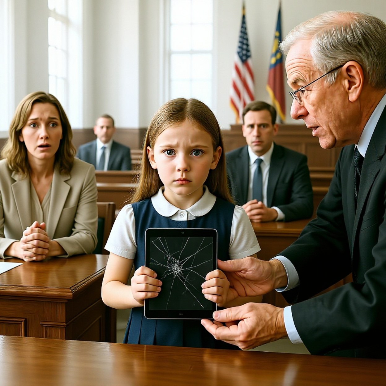Bei meiner Scheidungsverhandlung betrat meine siebenjährige Tochter den Gerichtssaal in Georgia, fragte den Richter, ob sie ihm etwas zeigen dürfe, das ich nicht wusste, und griff nach dem gesprungenen Tablet, das sie seit Monaten unter ihrem Kopfkissen versteckt hatte.