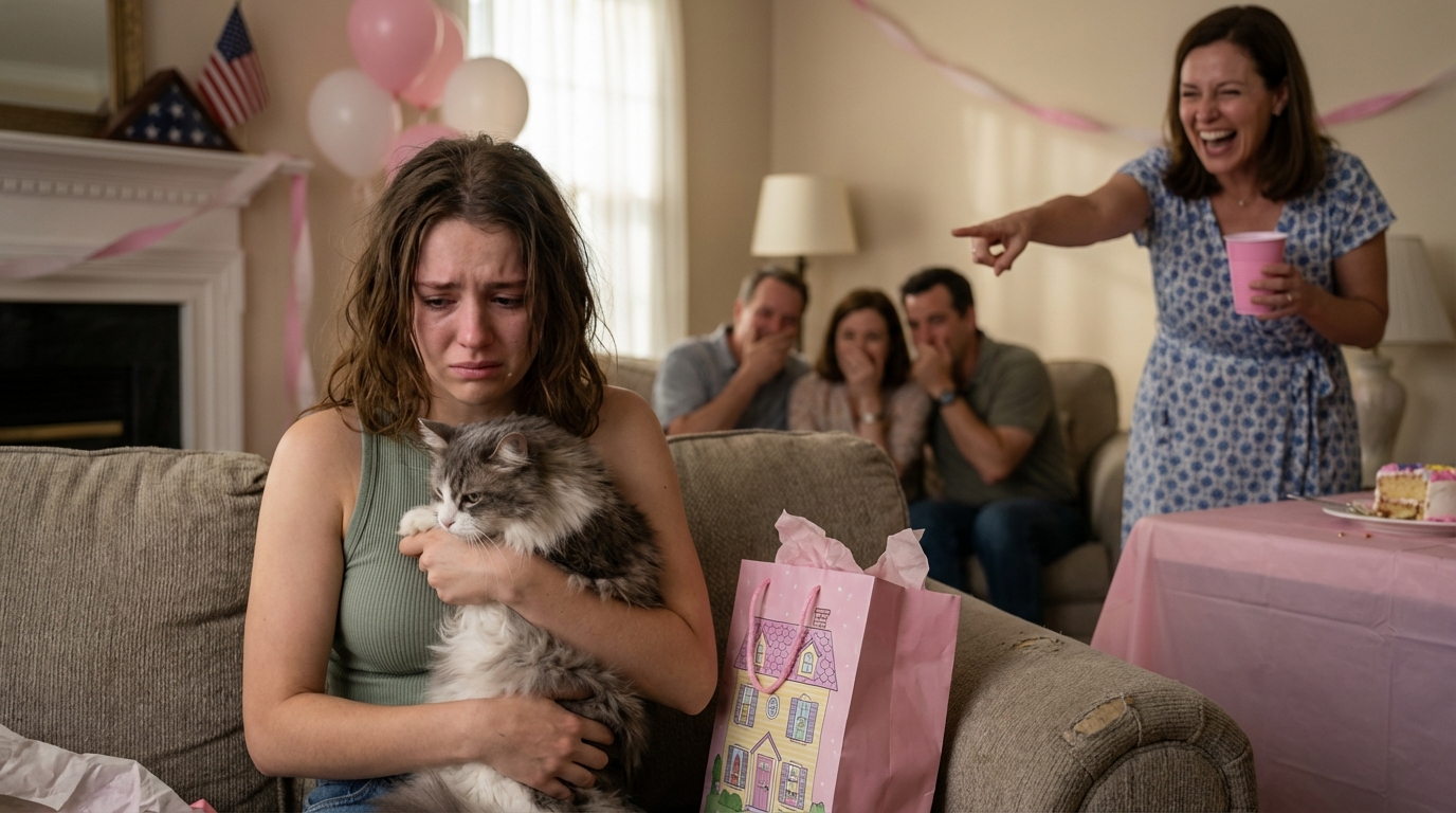 Auf der Feier zum fünften Geburtstag meiner Nichte lachte meine Schwester und erzählte allen, ich würde „immer noch mit meinen Katzen Familie spielen“ – sie drängte so lange, bis sich die Haustür öffnete, ein Nachzügler die Temperatur im ganzen Raum veränderte und jeder kleine „Scherz“ plötzlich nicht mehr lustig klang.