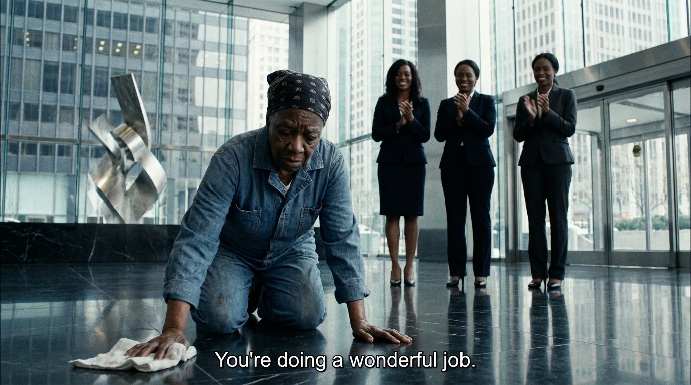 Locker gekleidet und in einfachen Gummipantoffeln, mit einem Wischmopp in der einen und einem Eimer in der anderen Hand, betrat sie das Büro. Sofort herrschte Stille im Raum, dann ertönte Gelächter: „Wer hat diese alte Frau hier hereingelassen?“, fragte eine der Damen, Linda