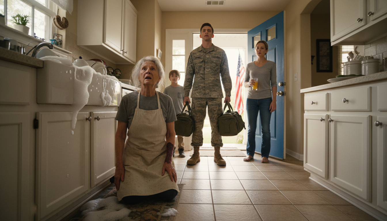 Mein Sohn kam nach fünf Jahren beim Militär nach Hause, um mich zu überraschen. Doch als er die Tür öffnete, fand er mich wie eine Magd in dem Haus vor, das mein verstorbener Mann und ich vor seinem Tod gekauft hatten. Verwirrt fragte er: „Mama … bist du das wirklich?“ Seine Frau und ihre Familie hatten mir alles genommen. Wütend stürmte er den Flur entlang und schrie: „Damit ist jetzt Schluss!“ Niemand ahnte, was dann geschah