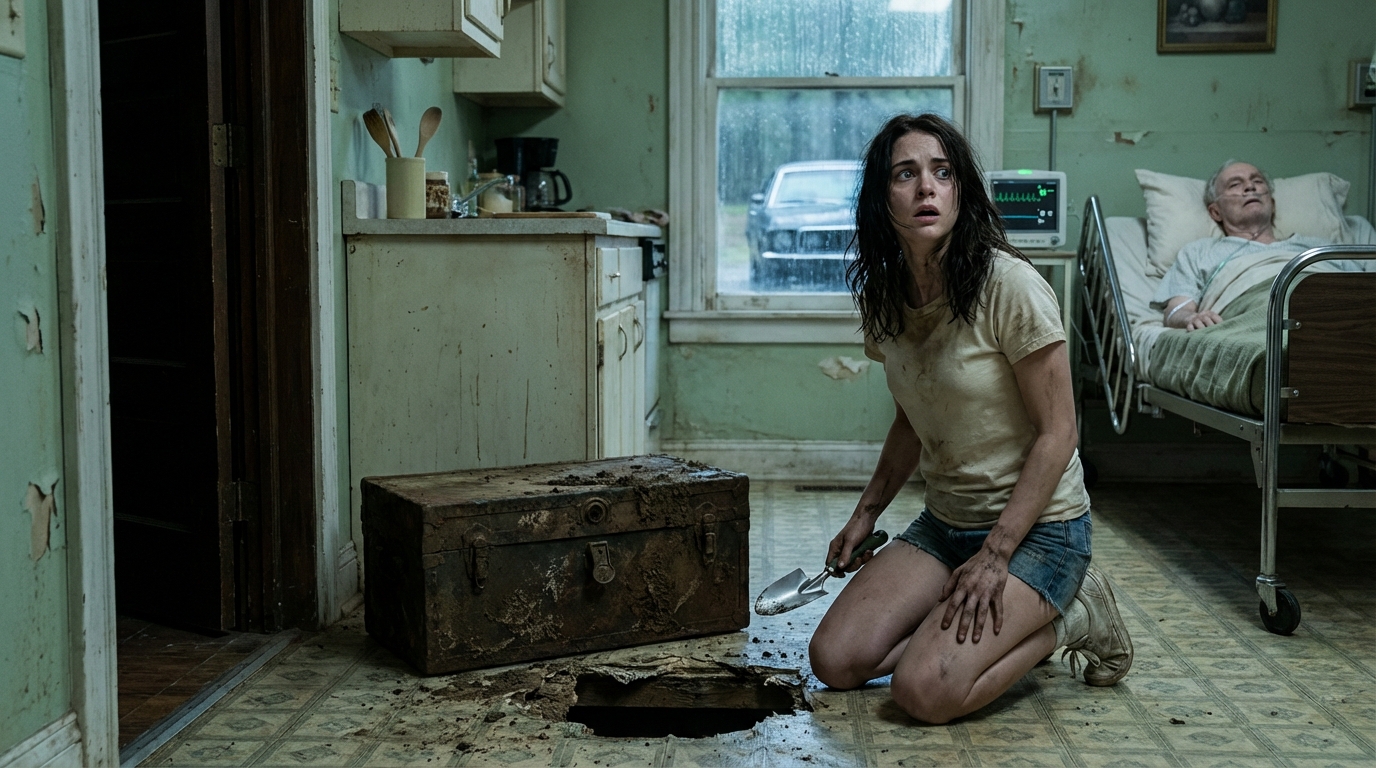 Filmische Halbtotale, 4K, hyperrealistisch. Szene: In einer dunklen, rustikalen Küche mit hellgrünen Wänden kniet eine junge Frau mit dunklen Haaren, bekleidet mit einem schlichten cremefarbenen T-Shirt und blauen Jeansshorts, auf einem gemusterten Linoleumboden. Handlung: Sie hat gerade eine verrostete, schlammige Metalltruhe aus einem Loch im Dielenboden geborgen; in ihrer rechten Hand hält sie eine kleine silberne Gartenschaufel. Ihre Hände sind mit Erde befleckt. Plötzlich erstarrt sie, ihr Blick schnellt hoch und zeigt puren Schock, Angst und Erkenntnis in ihrem Gesicht. Ihr Mund ist leicht geöffnet, sie atmet schwer, aber lautlos. Hintergrund: Zu ihrer Rechten liegt ein älterer, gebrechlicher Mann in einem weißen Krankenhausbett. Sein Blick ist leer zur Decke gerichtet, er ist an einen Monitor mit einer flackernden grünen Pulslinie angeschlossen. Im Hintergrund sieht man durch ein Fenster einen trüben, regnerischen Tag; draußen in der Einfahrt steht ein dunkler Oldtimer. Kamera: Eine langsame, spannungsgeladene Nahaufnahme des Gesichts der Frau, die das Zittern ihres Kiefers einfängt. Keine der Figuren blickt in die Kamera. Die Beleuchtung ist kühl und natürlich, gefiltert durch den Regen. Das Schauspiel ist subtil und bodenständig und vermittelt das Gefühl, dass ein lange gehütetes Familiengeheimnis ans Licht kommt.