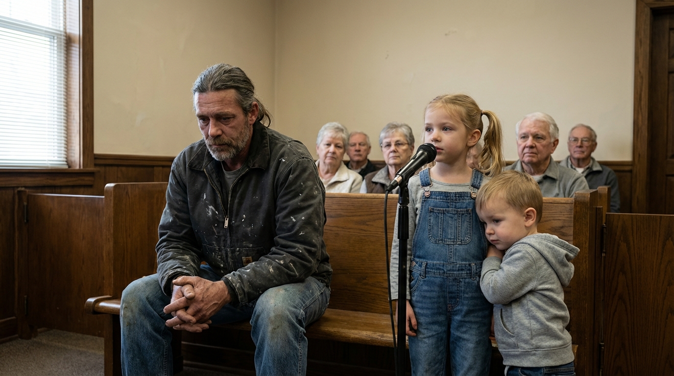 „Bitte… nimm ihn nicht.“ — Ein Fremder wurde während eines heftigen Sturms dabei gesehen, wie er zwei Kinder in seinen Truck brachte. Alle gingen davon aus, dass er Schlimmes im Sinn hatte – bis das kleine Mädchen vor Gericht die Wahrheit erzählte.