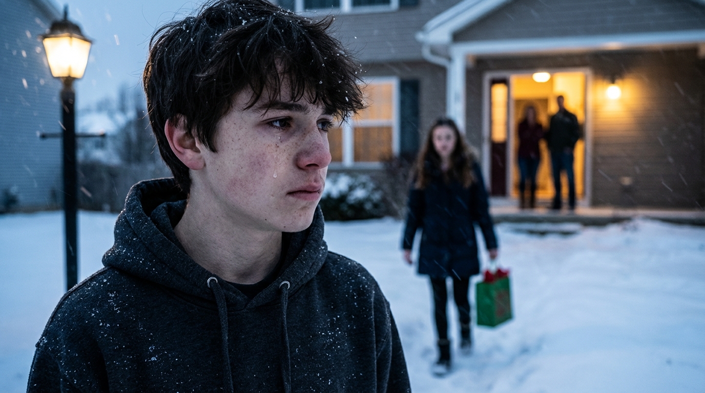 An einem eiskalten Weihnachtsabend hörte ich, wie die Tür hinter meiner kleinen Schwester zuschlug. „Du gehörst nicht mehr in dieses Haus“, sagte meine Mutter, ihre Stimme kalt wie Eis. Die Elfjährige klammerte sich an ihre Geschenktasche, Tränen liefen ihr übers Gesicht, während sie allein durch den Schnee ging. Als ich davon erfuhr, sagte ich nur ein Wort: „In Ordnung.“ Fünf Stunden später begriffen sie – dieses Weihnachten würde nie wieder dasselbe sein.