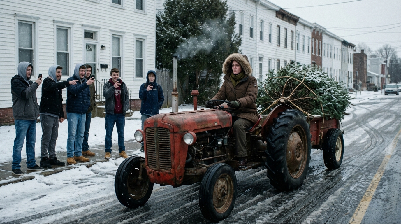 EINE JUNGE FRAU WURDE AUSGELACHT, WEIL SIE EINEN WEIHNACHTSBAUM MIT EINEM VERROSTETEN TRAKTOR DURCH DAS GEFRORENE PHILADELPHIA ZOG – FREMDE FILMTEN, SPOTTETEN UND SCHÜTTELTEN DIE KÖPFE, OHNE SICH VORZUSTELLEN, DASS NUR MINUTEN SPÄTER ZWANZIG MILITÄRFAHRZEUGE DIE STRASSE ABRIEGELN, SECHZIG SOLDATEN IN FORMATION AUSSTEIGEN UND EINE SCHOCKIERENDE ENTHÜLLUNG DEN SPOTT IN SCHWEIGEN VERWANDELN WÜRDE …