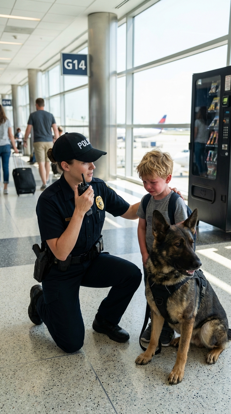 CH2. Es war ein ruhiger Sonntagmorgen am Flughafen. Polizeibeamtin Janet Miller führte ihren Diensthund Max durch das sonnenbeschienene Terminal und erwartete nichts weiter als die üblichen Streifengänge. Nahe Gate 14 durchbrach ein leises Schluchzen die Stille. Janet entdeckte einen Jungen, nicht älter als fünf Jahre, der allein an einem Getränkeautomaten stand. Sein blondes Haar war zerzaust, Tränen rannen über seine Wangen, und sein kleiner Rucksack hing schlaff über seiner Schulter.