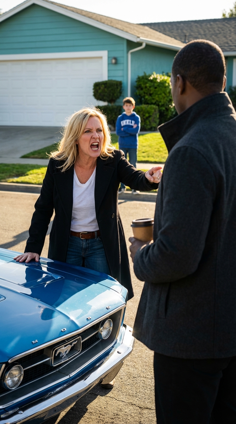 Hausbesitzerin Karen ruft die Polizei, nachdem ihr Sohn seinen Mustang zurückverlangt hat – ohne zu ahnen, dass es sich um den Polizeichef handelt.