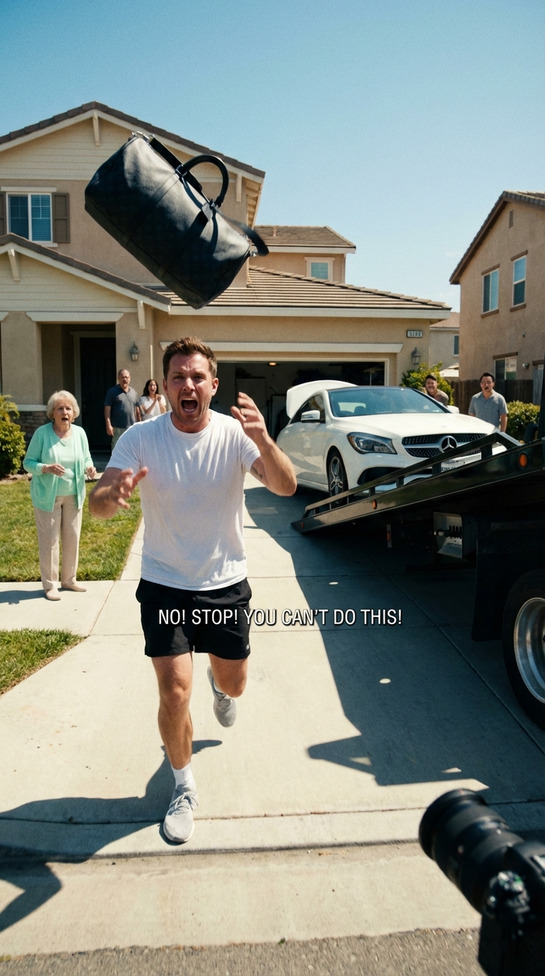 Der Abschleppwagenfahrer winkte mir freundlich zu, als der 90.000 Dollar teure Mercedes mit blockierten Reifen, heulender Alarmanlage und einer Designer-Sporttasche, die aus dem offenen Schiebedach purzelte, von meiner Einfahrt geschleift wurde. Sekunden später rannte Brandon Garrison in seinen teuren Turnschuhen die Straße entlang und schrie aus vollem Hals, dass das illegal sei und der Wagen geleast.