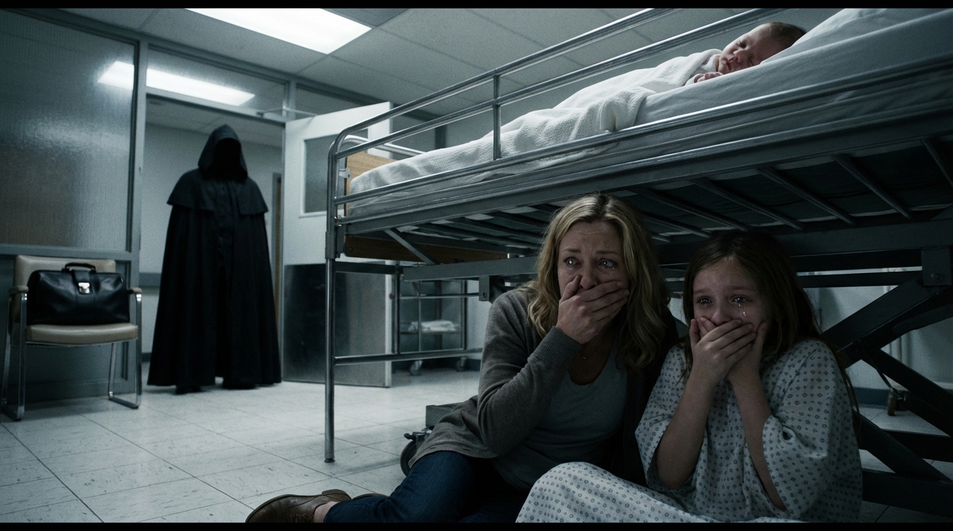 Ich hatte gerade entbunden, als meine achtjährige Tochter ins Krankenzimmer stürmte, ihre Augen groß und aufmerksam. Schnell zog sie die Vorhänge zu und flüsterte mir direkt ins Ohr: „Mama… unter das Bett. Sofort.“ Mein Herz zog sich zusammen, doch ich gehorchte ohne zu zögern. Wir krochen dicht nebeneinander unter das Bett und hielten den Atem so leise wie möglich. Plötzlich drangen schwere Schritte in den Raum. Gerade als ich hinausschauen wollte, legte sie sanft ihre Hand auf meinen Mund – ihre Augen voller einer Angst, die ich noch nie zuvor bei ihr gesehen hatte. Und dann…