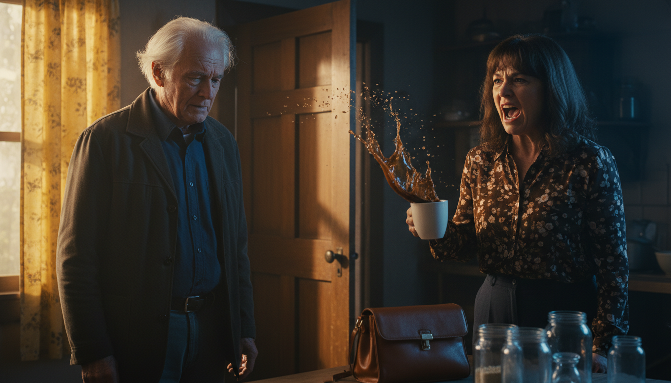 Meine Tochter hat heißen Kaffee nach mir geworfen, als ich sich weigerte, ihrem Sohn meine Kreditkarte zu geben. Sie rief: “Gib Geld oder verschwinde!” und ich verließ leise den Raum. Tage später kam sie nach Hause und fand ein leeres Haus und einen Fremden im Anzug darin.