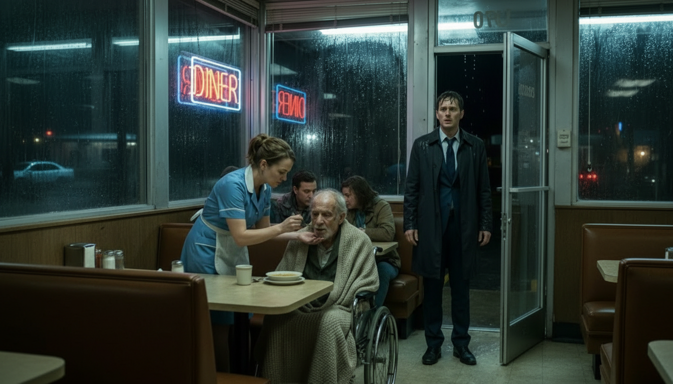 Ein Milliardär hielt an einem heruntergekommenen Diner und sah eine Kellnerin, die einen behinderten alten Mann fütterte – was er in jener Nacht erfuhr, veränderte alles, was er über Macht zu wissen glaubte.