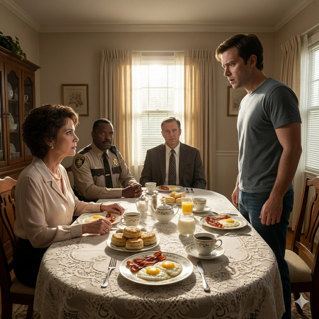 My son hit me last night and I stayed quiet. This morning, I laid out my lace tablecloth, baked a full Southern breakfast, and set the good china like it was Christmas. He came downstairs, saw the biscuits and grits, smirked, and said, “So you finally learned,” but his face changed the second he saw who was sitting at my table.