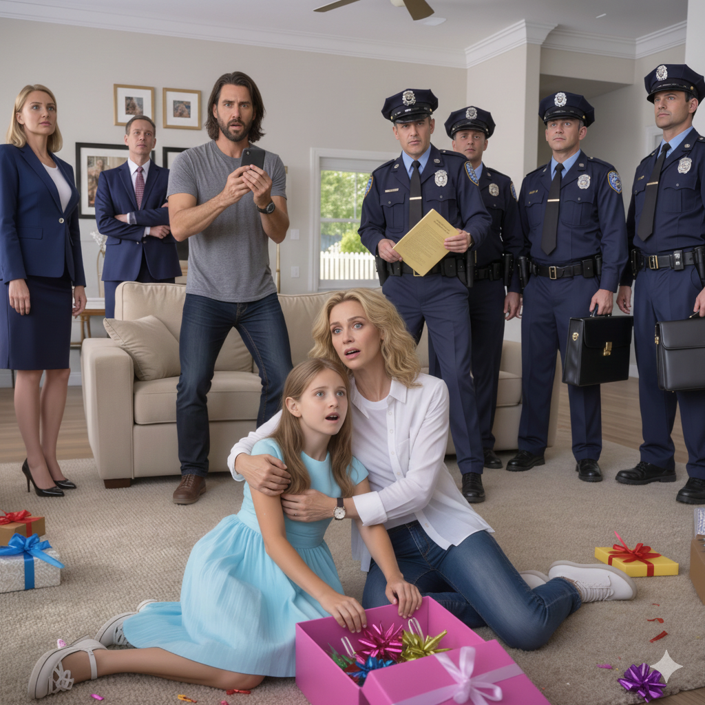 On my daughter’s 11th birthday, she tore open my mother-in-law’s “sweet” gift—then collapsed in my arms. My husband rushed her to the hospital, but when he came back four hours later, he wasn’t alone. Five cops. Four lawyers. He wouldn’t meet my eyes. “Don’t panic,” he said, voice shaking. The lead officer stepped forward: “Ma’am… we need you to come with us.” Then I saw the paperwork—and realized the gift was never a gift at all…