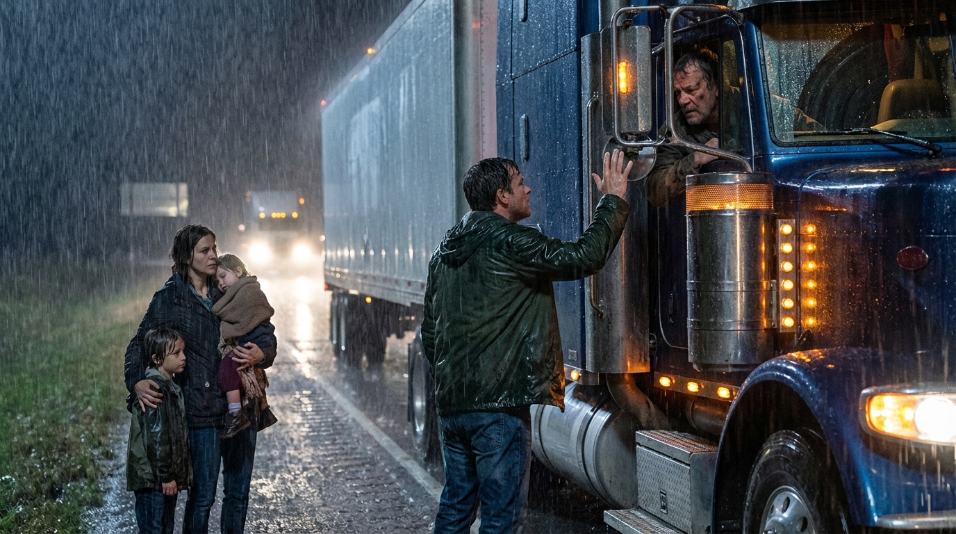 Ein Lkw-Fahrer sah eine Familie im strömenden Regen – ohne Mäntel, ohne Unterschlupf, nur Verzweiflung in ihren Augen. Er hielt an, traf eine Entscheidung, und innerhalb weniger Minuten begann sich alles in ihrem Leben zu verändern…