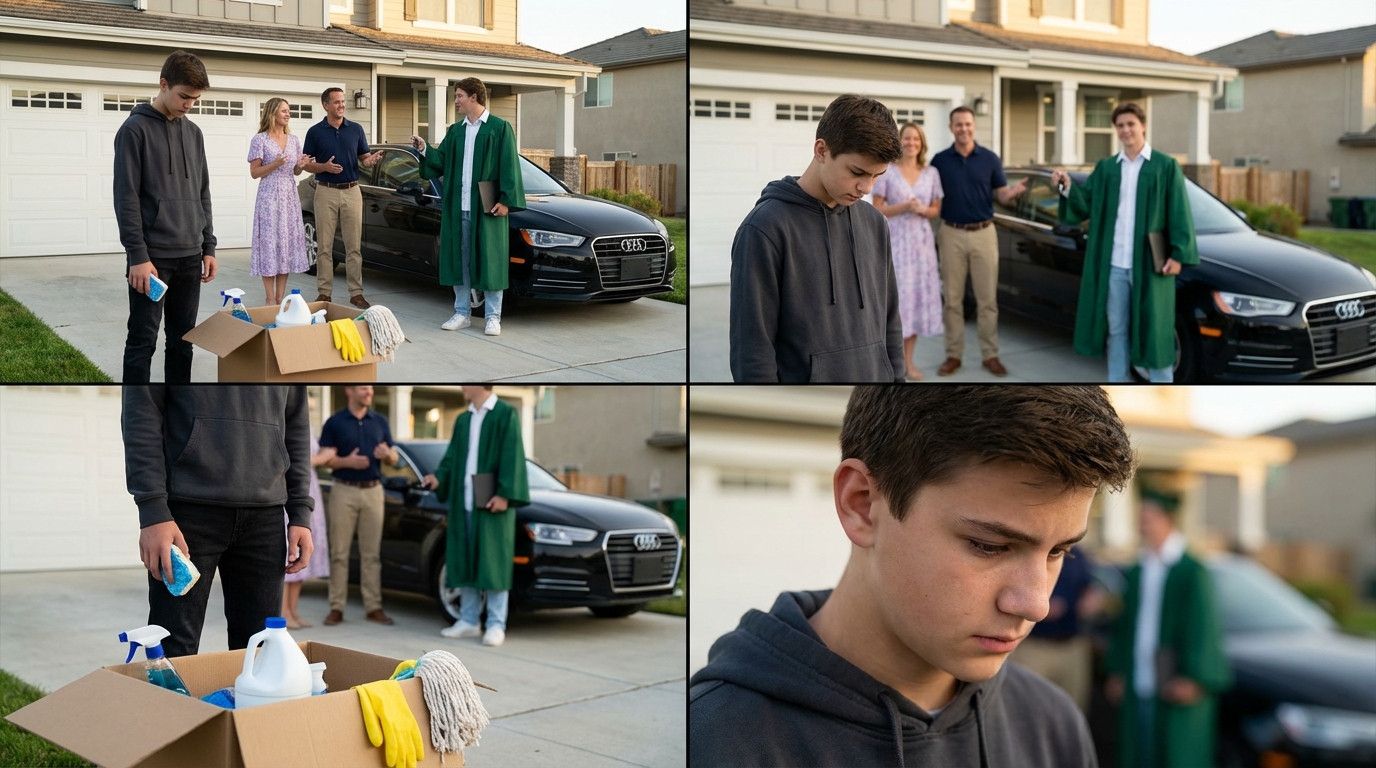 Er bekam die Schlüssel zu einem Audi. Ich bekam Handschuhe und einen Mopp. „Sei nützlich“, sagten sie. In jener Nacht verschwand ich — und dann flehten sie mich an, nach Hause zu kommen…