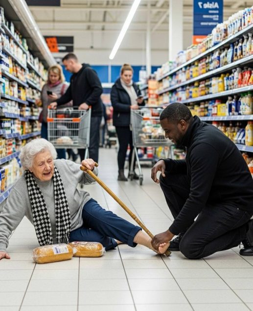 „Dreh dich nicht um, hilf!“ Eine 90-jährige Frau brach auf dem kalten Fliesenboden zusammen und versuchte verzweifelt, aus dem Supermarkt zu kriechen. Der ganze Supermarkt ging an ihr vorbei, als könne ihr niemand helfen, niemand einen Krankenwagen rufen – bis ein Mann in Schwarz sich hinkniete und alles veränderte.