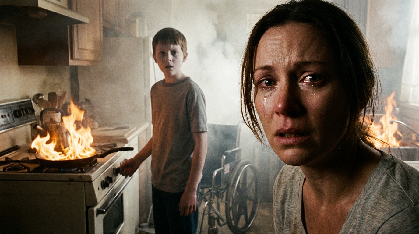 Mein Mann fuhr auf Geschäftsreise und vertraute mir die Betreuung seines vollständig gelähmten Stiefsohns an. Doch sobald sein Auto verschwunden war, sprang mein Stiefsohn aus dem Rollstuhl, drehte den undichten Gasherd ab und sagte zu mir…