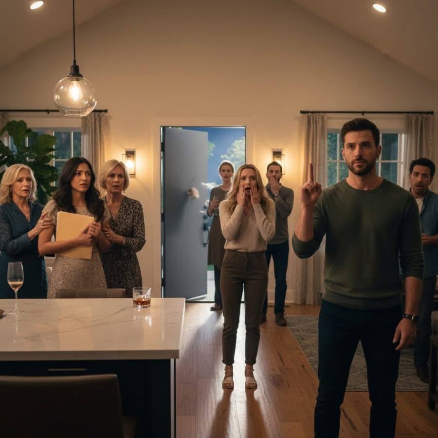 Bei meiner Einweihungsparty stand meine Schwester aufrecht da und sagte: „Mein Anwalt hat die Unterlagen bereits vorbereitet — von diesem Moment an gehört dieses Haus mir.“ Sie wandte sich an die Menge und erklärte, dass ich hier nicht mehr willkommen sei. Alle erstarrten und beobachteten, wie sie selbstzufrieden grinste, als hätte sie bereits gewonnen. Meine Mutter nickte stolz, mein Vater blickte weg, und meine Freunde flüsterten schockiert. Ich sagte kein Wort — aber mein Mann nahm einfach einen Schluck von seinem Getränk, sah ruhig im Raum umher und begann zu zählen: „Drei… Zwei… Eins…“ Dann übernahm die Stille.