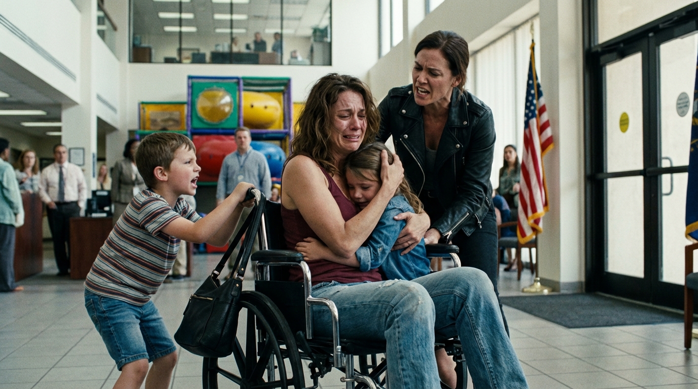 Gib meinem Kind jetzt deinen Rollstuhl!“ zischte sie, während ihr Kind meinen Stuhl wie eine Jahrmarktattraktion drehte—weil ich es gewagt hatte, für meine kleine Schwester einzustehen. Ich zitterte an meinem Gehstock, die Muskeln brannten, und sie forderte zu wissen: „Was ist los mit dir?“ Ich dachte, das Schlimmste sei, das Gleichgewicht zu verlieren… bis ich sah, wohin sie mich gerollt hatte.  Mein Name ist Tessa. Ich kann stehen, und an einem guten Tag schaffe ich ein paar vorsichtige Schritte, aber mein Gleichgewicht kann ohne Vorwarnung verschwinden. Wenn das passiert, trifft die Schwäche schnell zu. Der Stuhl ist keine Präferenz—es ist, wie ich sicher bleibe.  An diesem Nachmittag brachte ich meine kleine Schwester Emmy ins Einkaufszentrum für einen „Große-Schwester-Tag.“ Sie ist acht und unendlich vertrauensvoll. Wir holten Brezeln im Food Court, schlenderten an den Schaufenstern vorbei, dann gingen wir zum Indoor-Spielplatz hinter den Tischen.  Ich parkte meinen Stuhl in der Nähe des Eingangs mit den Kinderwagen und Einkaufstaschen, löste meinen Gehstock, und trat hinein, weil Emmy wollte, dass ich in der Nähe bin, während sie kletterte. Fünfzehn Minuten später stolperte sie, stieß sich das Knie, und h