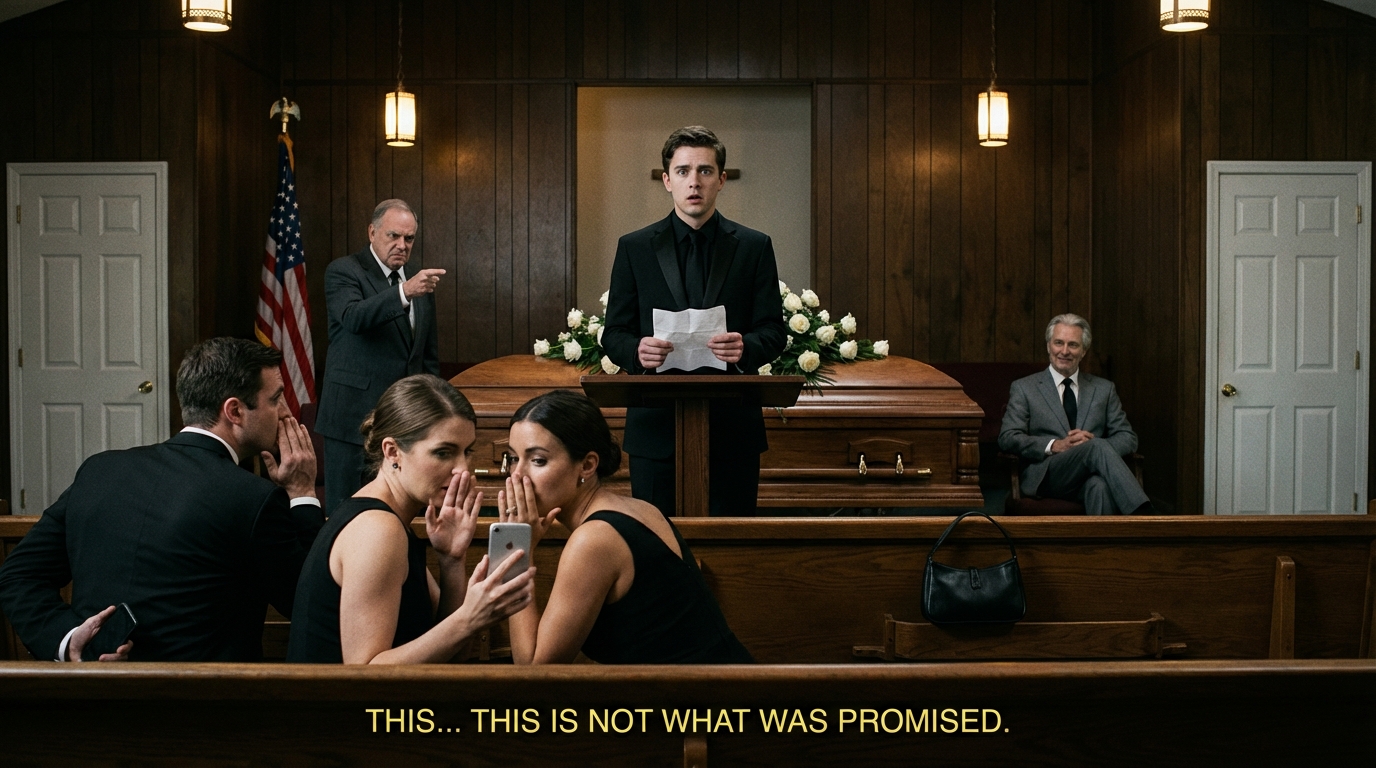 Niemand wollte bei der Beerdigung meiner grausamen Großmutter Evelyn die Trauerrede halten, also ging ich zum Rednerpult und erfand eine Heilige – warme Küchen, geheimer Apfelkuchen, die „Liebe“, die sie nie zeigte. Die Leute applaudierten tatsächlich. Dann beugte sich ihr silberhaariger Anwalt lächelnd zu mir und flüsterte: „Herzlichen Glückwunsch … Sie haben ihre letzte Prüfung bestanden.“ Da begriff ich, dass der „vergessene“ Enkel von Anfang an ihr Plan gewesen war.