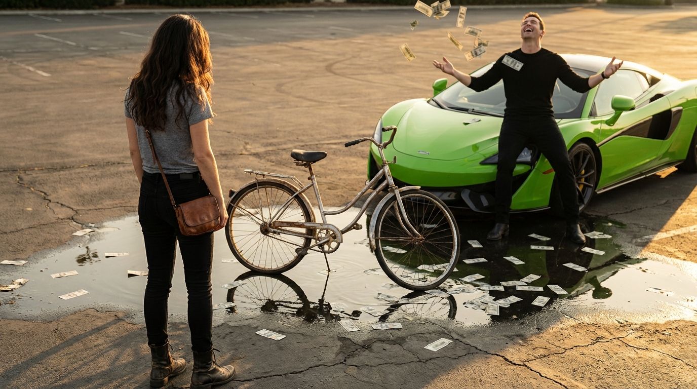 Ein Mann am Steuer eines Luxusautos überfuhr mein Fahrrad: Nach dem Vorfall warf er eine Handvoll Geldscheine in die Luft und sagte: „Kauf dir ein neues Spielzeug“