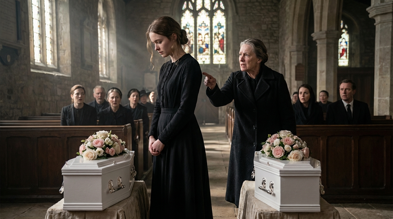 Bei der Beerdigung meiner Zwillinge, während ihre kleinen Särge vor mir standen, beugte sich meine Schwiegermutter zu mir herüber und flüsterte grausame Worte, die mir tief ins Herz schnitten. Ich brach zusammen und flehte: „Bitte … nur heute.“ Was darauf folgte, versetzte alle in Schock – und veränderte den Verlauf dieses Tages für immer.