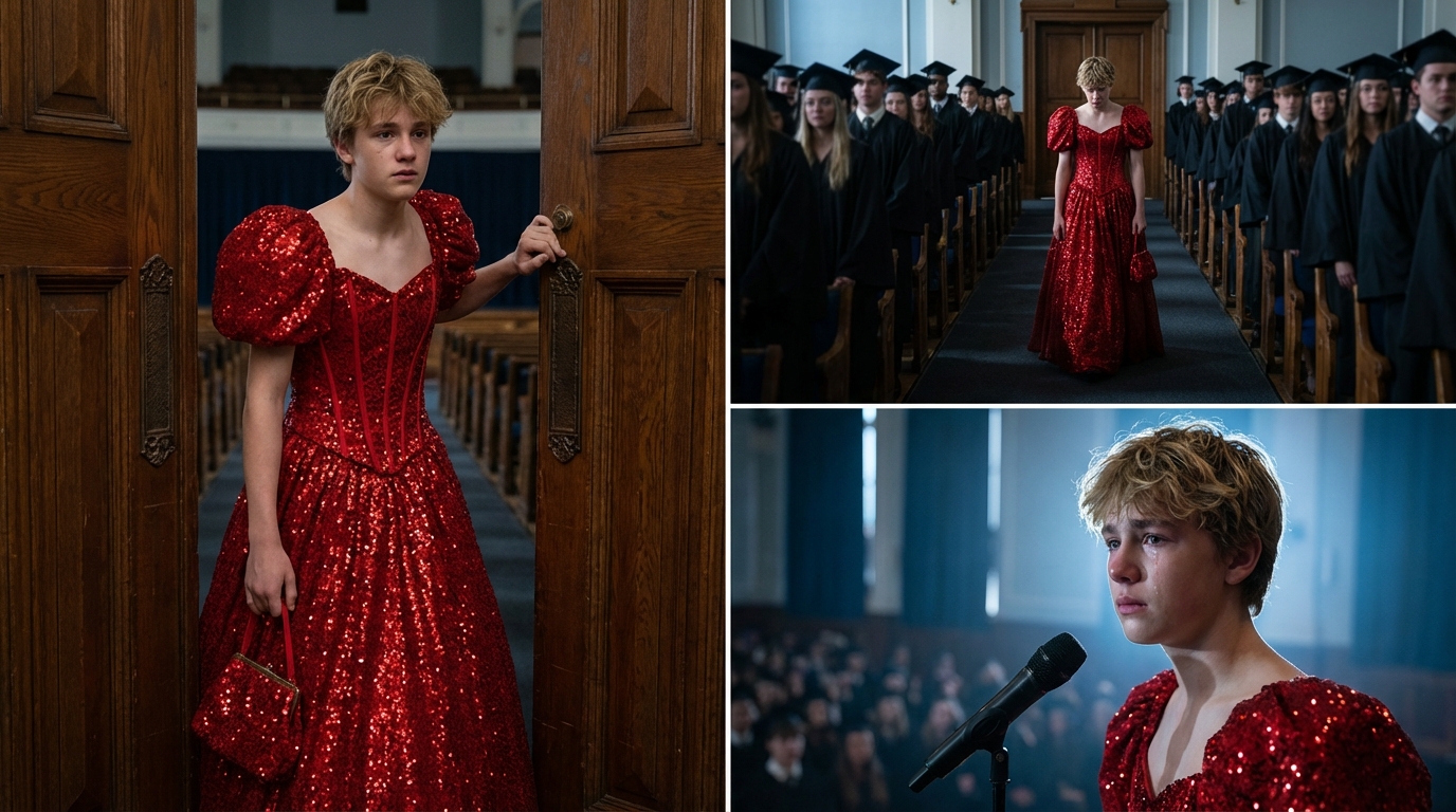 Bei der Abschlussfeier ging mein Sohn in einem roten Kleid auf die Bühne: Die Schüler begannen, sich über ihn lustig zu machen, aber was er sagte, ließ sie sprachlos