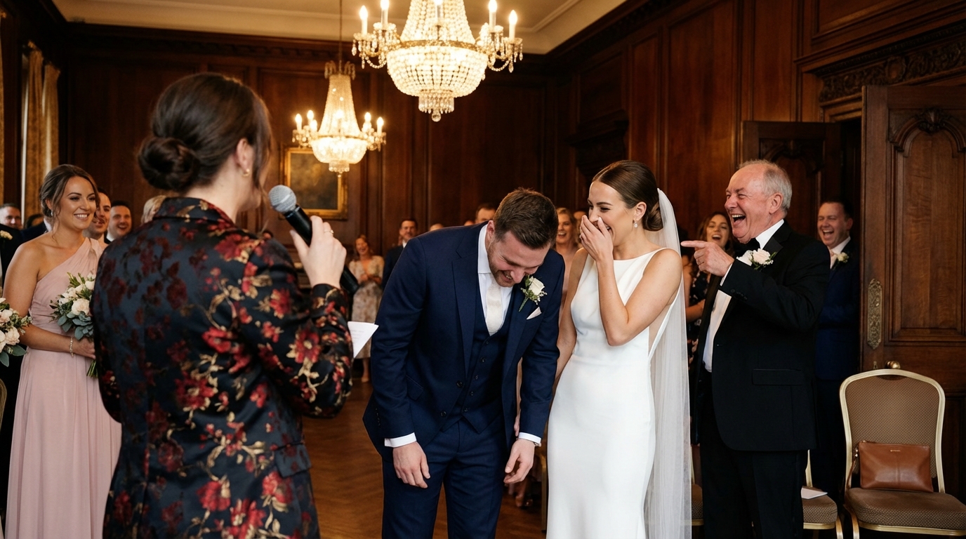 Während der Hochzeitsrede grinste der Schwiegervater meines Sohnes: „Meine Tochter hätte es besser machen können – aber die Liebe hat sie stur gemacht.“ Die Leute lachten. Mein Sohn wurde kreidebleich. Ich trat ruhig vor und nahm das Mikrofon, und was ich sagte, ließ die Lächeln um uns herum verschwinden.
