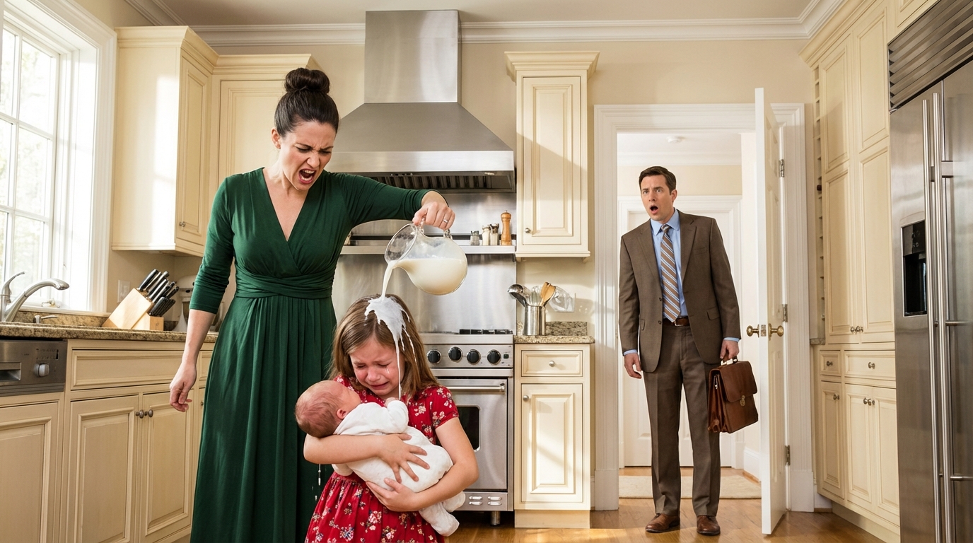 Die Stiefmutter warf Milch auf das Mädchen… Dann schrie der Millionär: „GENUG!“