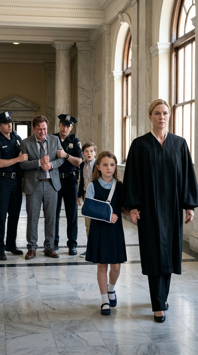 Min 11-årige datter kom hjem med en brækket arm og blå mærker over hele kroppen. Efter at have kørt hende på hospitalet, tog jeg direkte til skolen for at finde bøllen – kun for at opdage, at hans forælder var min eks. Han lo, da han så mig. “Som mor, sådan datter. Begge fejl.” Jeg ignorerede ham og udspurgte drengen. Han skubbede til mig og fnyste hånligt: ​​”Min far finansierer denne skole. Jeg laver reglerne.” Da jeg spurgte, om han havde gjort min datter fortræd, og han sagde ja, ringede jeg. “Vi har beviserne.” De valgte det forkerte barn – datteren af ​​​​hoveddommeren.