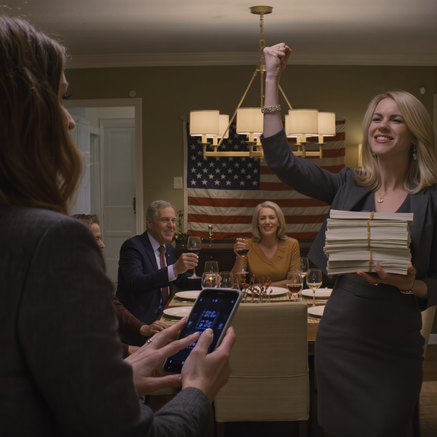 “Fandt din lille opsparing,” sagde min søster med et smil og viftede obligationerne som en håndvifte. “Tak for studiestøtten.” Mine forældre løftede stolt deres glas. Jeg tastede min telefon én gang. Finansministeriets agenter brasede ind ad døren.