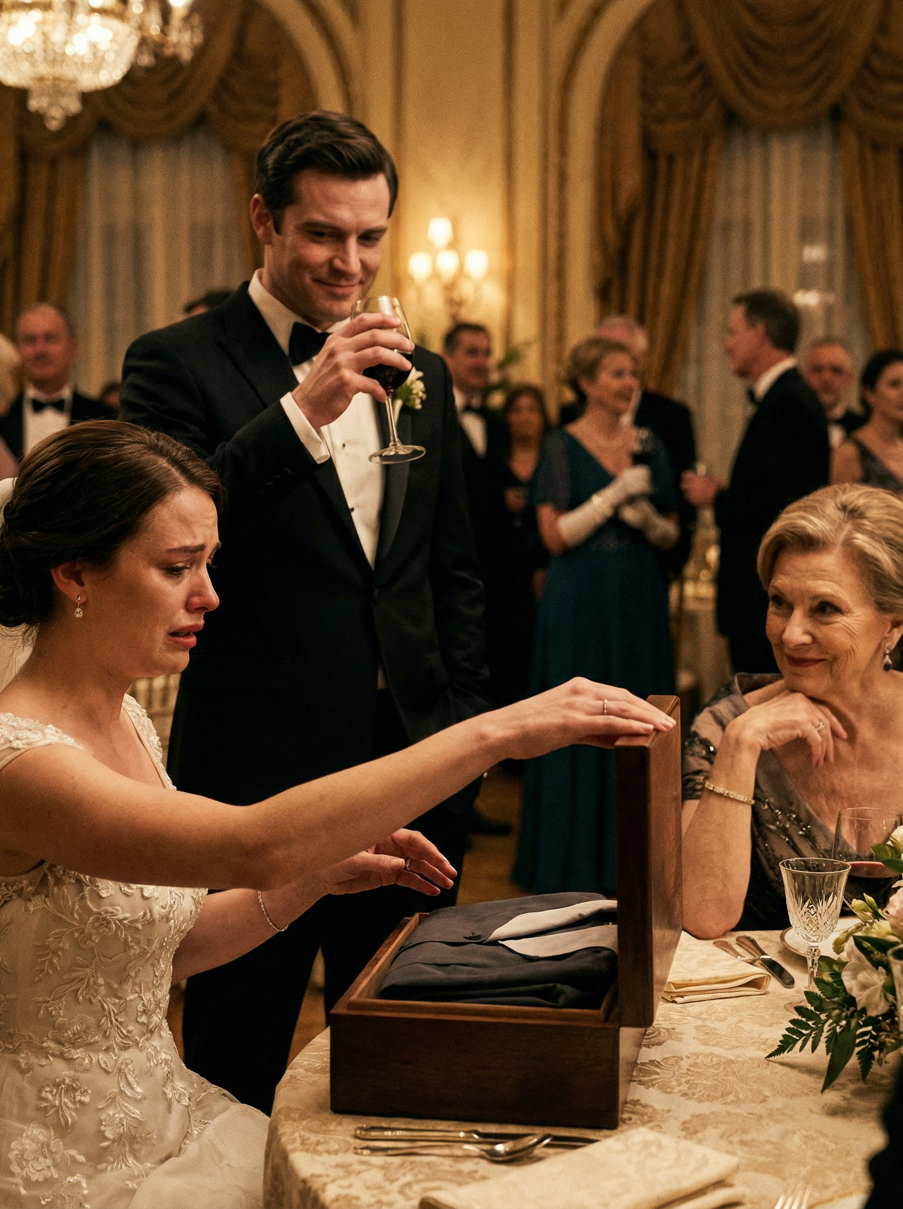 “Præcis hvad hun får brug for derhjemme.” Disse ord blev sagt med et smørret smørret smørrebrød ved min datters bryllup, da hun åbnede en gaveæske fra sin svigermor og fandt en stuepigeuniform indeni. Min datters øjne fyldtes med tårer, da der blev ubehageligt stille i rummet. Jeg rejste mig roligt op og sagde: “Lad os nu se, hvilken gave jeg har medbragt.” Da hun åbnede min æske, ændrede ansigtsudtrykkene omkring bordet sig øjeblikkeligt.