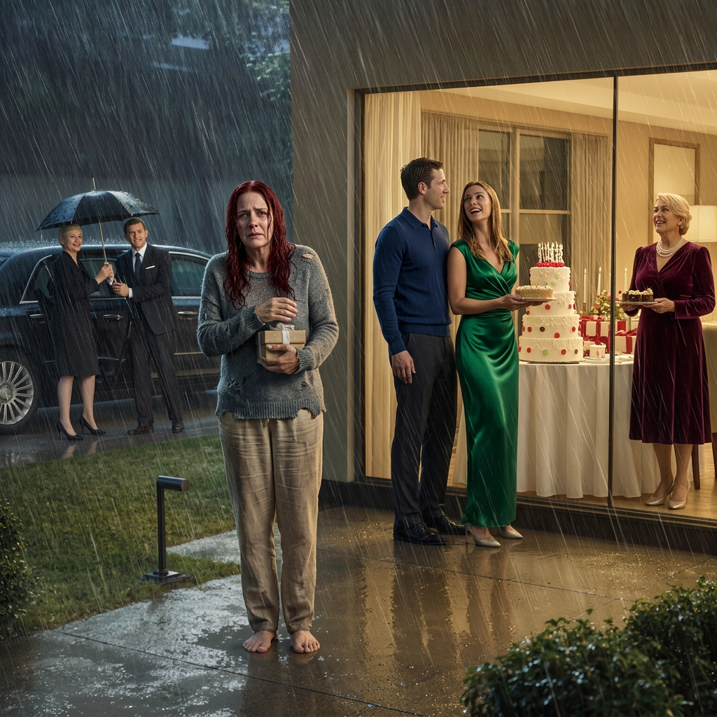 Min søn låste mig ude i regnvejr, så han kunne fejre det med sine svigerforældre – så kørte en sort bil op, min mor steg ud, kiggede på mit gennemblødte tøj og pegede på huset: “Ødelæg.” Jeg troede, hun bare var en stille kvinde fra en ranch, men måden to mænd i mørke jakkesæt bevægede sig bag hende, fik min søns perfekte fødselsdagsfest til at føles som begyndelsen på et opgør.