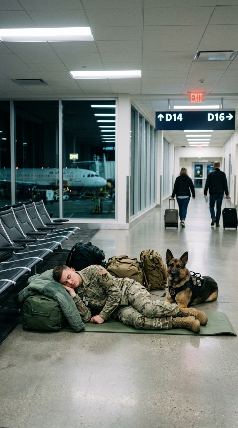Før solopgang i en næsten øde lufthavnsterminal lå en soldat ubevægelig på gulvet, mens hans hengivne hund blev ved siden af ​​ham og ignorerede den stadige strøm af forbipasserende rejsende. Først spredte scenen sig online som et smukt eksempel på loyalitet – men snart kom en dybere sandhed frem, som ingen havde forventet…