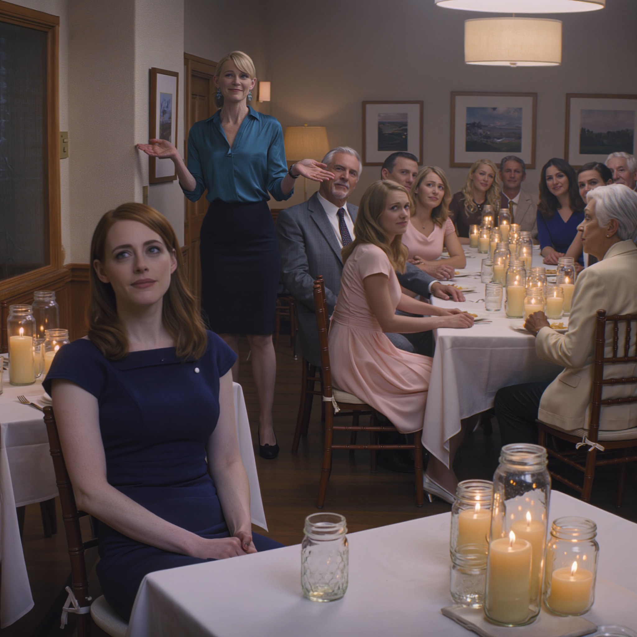 Ved min søsters forlovelsesmiddag smilede mor til gommens familie og sagde: “Det her er vores anden datter – hun gør rent i huse for at leve.” Far tilføjede: “Vi har opgivet hende.” Så stirrede gommens mor på mig, blev helt stille og hviskede: “Vent … du er kvinden, der—” Rummet blev stille, og for første gang i mit liv så min mor bange ud.