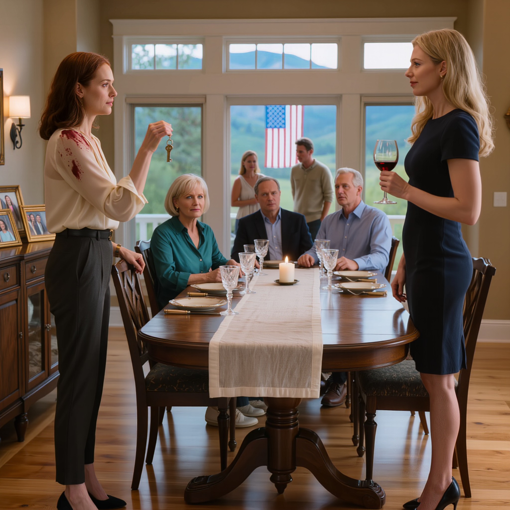 Ved middagen spildte min søster vin på mig og sagde: “Du har indtil solopgang til at tage afsted.” Mine forældre var med på det. Jeg smilede bare, tabte en nøgle på bordet og sagde: “Så har du 60 sekunder …”