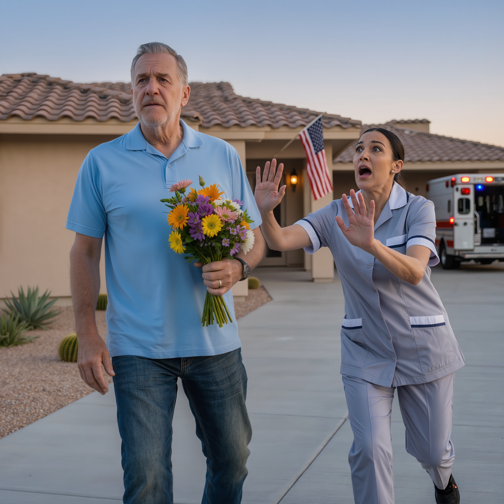 Min kone fløj til Phoenix for at hjælpe vores søn med at flytte ind i hans nye hus – jeg kørte uventet derned med en buket blomster – før jeg overhovedet kunne røre dørhåndtaget, skyndte naboens husholderske sig ud og råbte: “Låb ikke døren op!” – 10 minutter senere hylede en ambulancesirener foran huset … og jeg indså, at min kones fire dages tavshed ikke var en triviel sag.