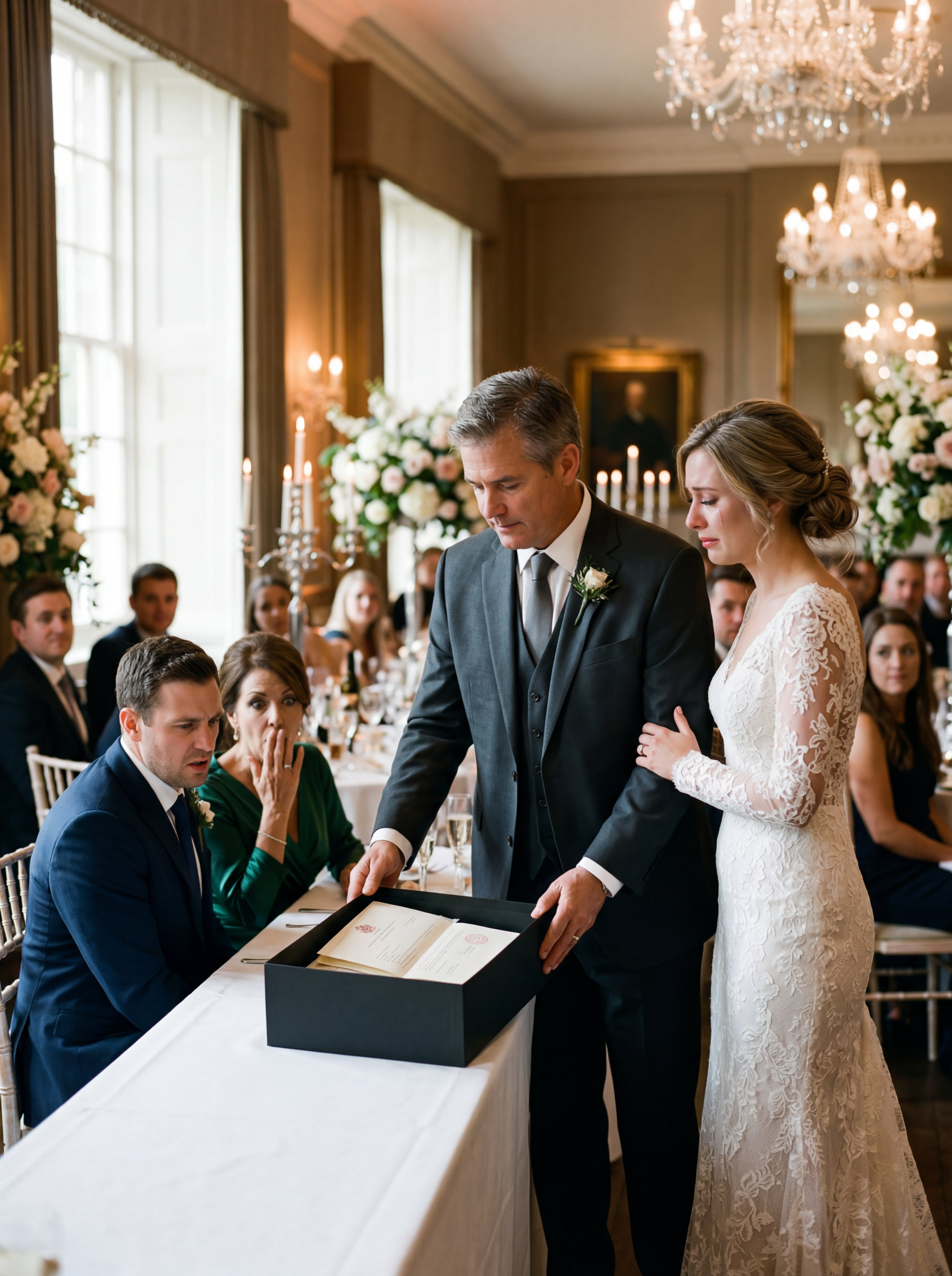 “En lille gave til bruden,” smilede min svigermor, mens hun placerede en fløjlsæske foran mig til min bryllupsreception. Da jeg åbnede den, var der en tjenestepigeuniform indeni. Hele lokalet grinede – selv min brudgom. Men de vidste ikke, at min far havde medbragt en anden gave … Og få minutter senere var brylluppet aldrig det samme igen.