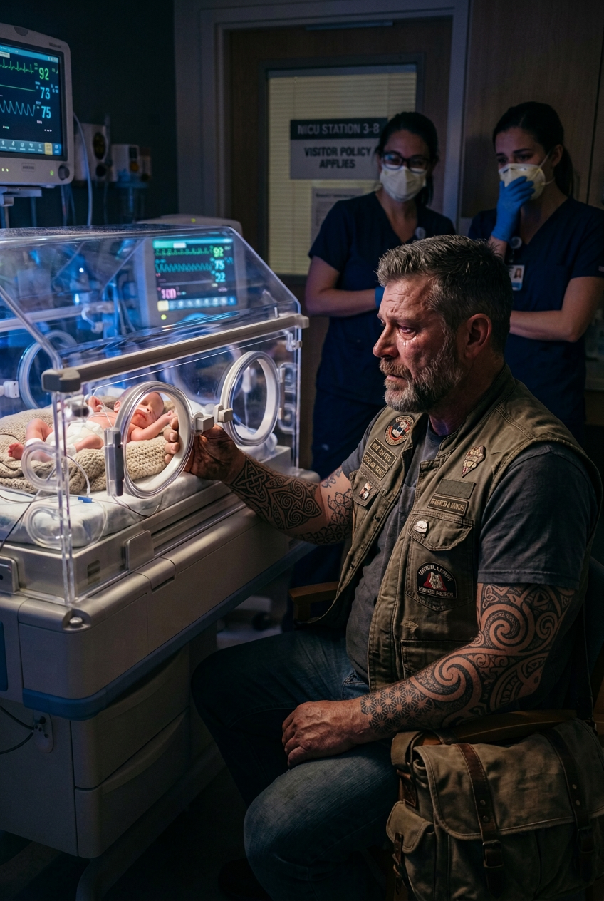 I 47 dage i træk har en motorcyklist nægtet at forlade neonatalafdelingen og stille våget over en skrøbelig nyfødt, der ikke er hans barn, men alligevel forbliver han hengiven ved sengen og omsorgsfuld med en voldsom loyalitet, der overrasker læger, sygeplejersker og alle.