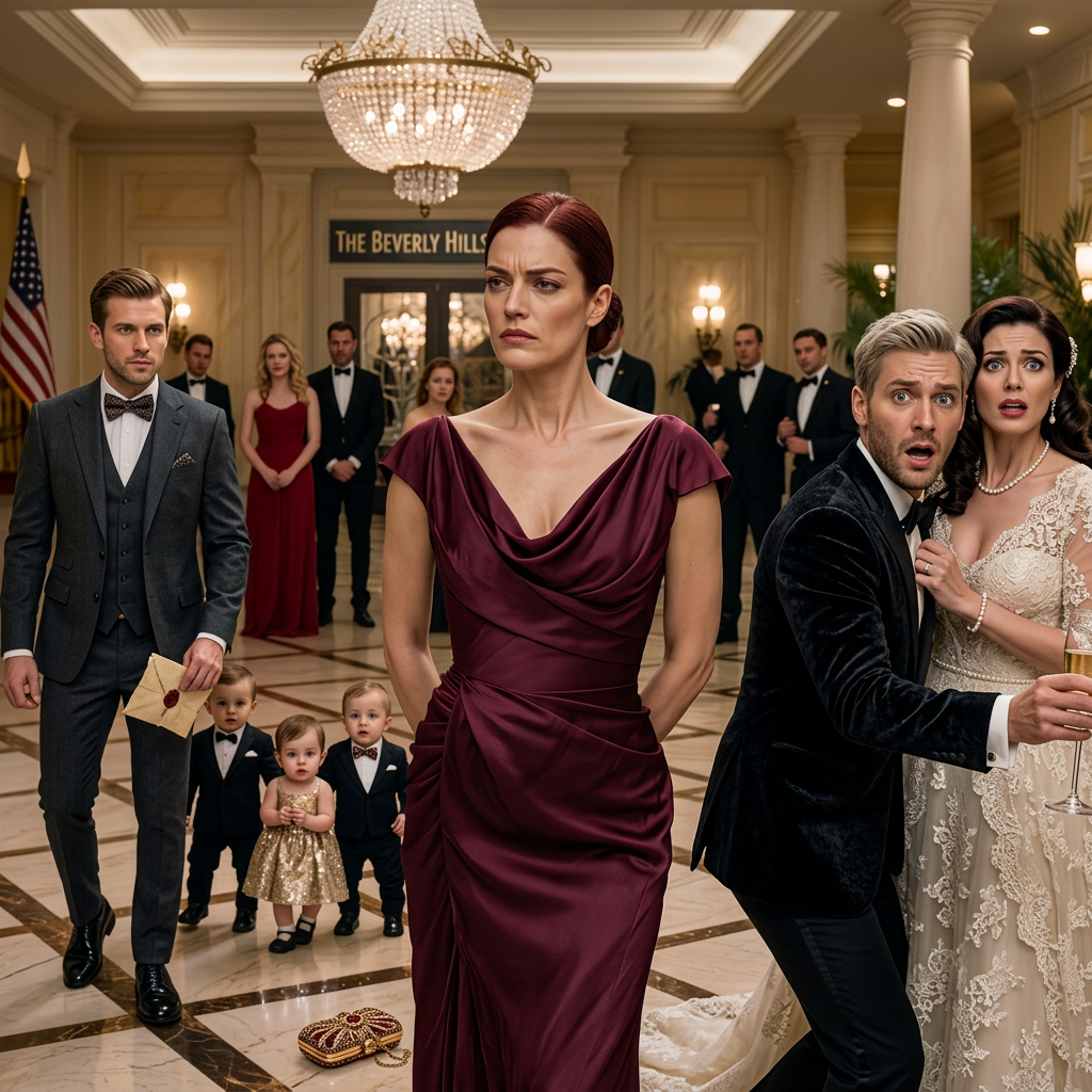 Ved brylluppet på Beverly Hills Grand Hotel forventede alle, at Ryan Mitchells “perfekte” nye liv ville skinne, og at hans ekskone Emily Carter ville dukke op lille og flov. I stedet ankom Emily i en safirblå kjole med en magtfuld allieret, tre børn, som ingen forventede at se, og en sandhed, der fik musikken til at stoppe helt. Da lysekronerne holdt op med at glitre, var det virkelige skue slet ikke kærlighed – det var et omhyggeligt iscenesat fald.