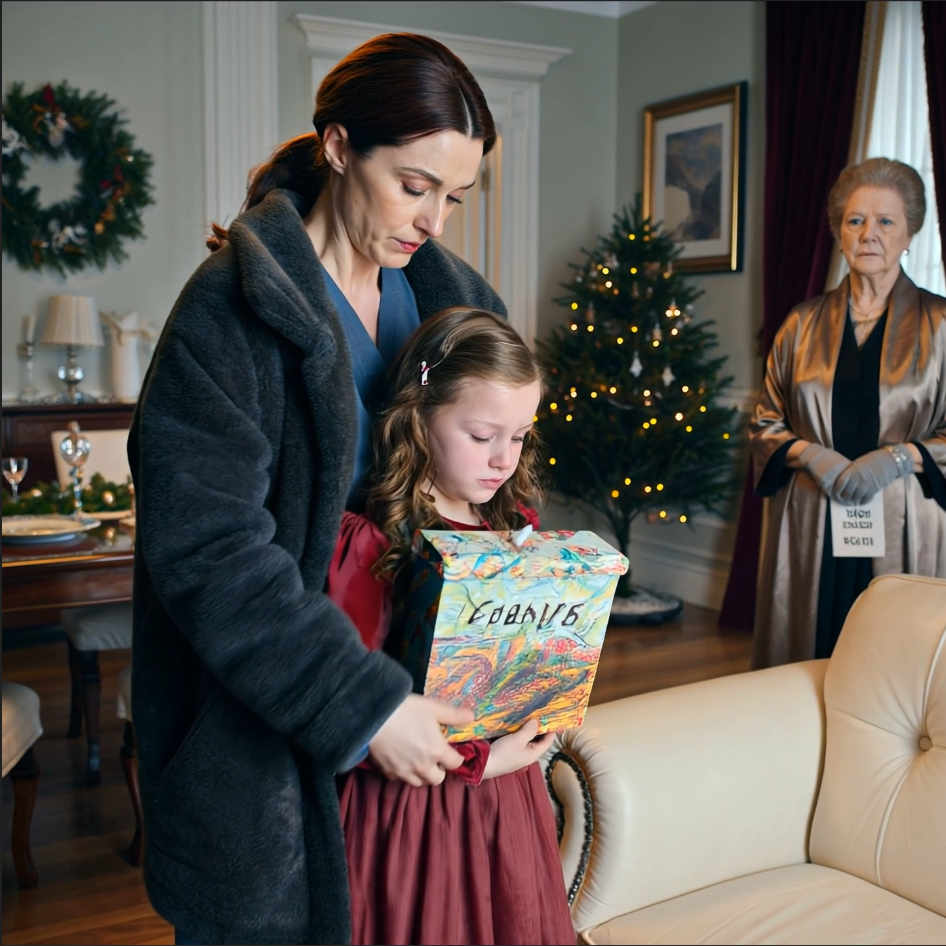 Sidste juleaften, mens jeg forsøgte at holde en mand i live under lysstofrør på Inova Fairfax, stod min tiårige datter i hjørnet af mine svigerforældres spisestue i en rød fløjlskjole med et papskilt hængende om halsen. Da jeg kom derhen efter midnat, var skinken væk, tallerkenerne var rene, og det eneste, der var tilbage i huset, var mit barn på en loveseat med hævede øjne og to ord skrevet på tværs af brystet med tyk sort tusch.